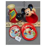 Vintage Mickey Mouse plates and kazoos