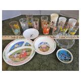 Vintage cartoon jelly glasses and kids dishes