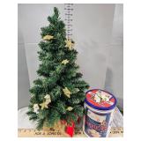 24-in tabletop tree and Cracker Jack tin