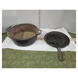 Unmarked cast iron flat iron and pot