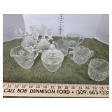 Glass cream and sugars, candlestick holders