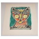 VINTAGE COLOR ETCHING ABSTRACT CAT FACE UNSIGNED