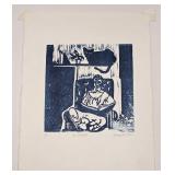 VINTAGE WOODBLOCK AP LADY & CAT SIGNED & NUMBERED