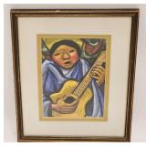 VINTAGE MEXICAN PLAYING GUITAR PAINTING UNSIGNED