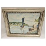 VINTAGE FRAMED OIL ON BOARD HARBOR VIEW SIGNED