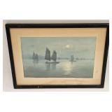 VTG WATERCOLOR SIGNED SHINMI OF BOATS IN HARBOR