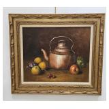 VINTAGE SIGNED OIL STILL LIFE KETTLE & FRUIT