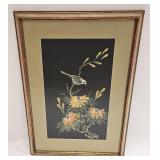 VINTAGE PAINTING ON SILK BIRD FLOWERS