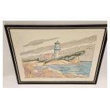 VINTAGE FRAMED WATERCOLOR LIGHTHOUSE PRINT