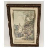 VINTAGE COLORED AQUATINT EUROPEAN FARMHOUSE