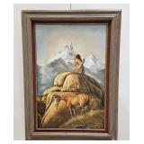 VINTAGE OIL PAINTING NATIVE AMERICAN ON WATCH