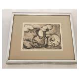 VINTAGE ETCHING OF BABY PLAYING  UNSIGNED