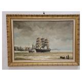 DION PEARS PAINTING 19TH CENTURY SHIP IN HARBOUR