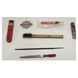 LOT OF ODD TOOLS SCRAPER FILES METAL BRUSH ETC
