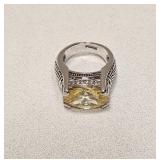 LARGE YELLOW STONE RING SILVERTONE