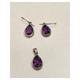 VINTAGE 925 SS EARRINGS & PENDANT PURPLE STONE
