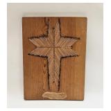 Vintage Folk Art Matchstick Cross on Wood Panel
