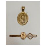 Vintage Religious Mary Brass Pendant & Tie Pin