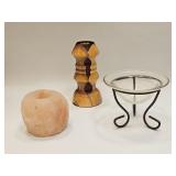Vintage Candle Holders Wood Glass & Salt Rock