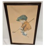 Vintage MCM Print Young Boy & Dog With Gulf Club