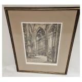 Vintage 1951 Etching Of inside Church Signed