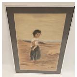 Vintage M. Pierce Pastel Painting Girl On Beach