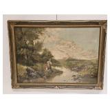 Antique Framed European Landscape With Children