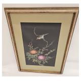 Vintage Painting On Silk Bird & Flowers