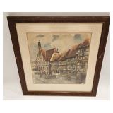 Vintage Chromolithograph Of European Street Scene