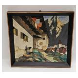 Vintage Oil On Masonite Swiss Alps Town View