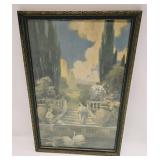 Antique Art Deco Swan Garden Lithograph