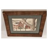 Vintage Watercolor Of House & Barn Landscape