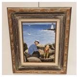 Vintage Signed Seascape Painting Man & Boy