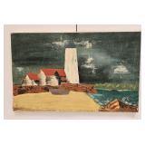 Vintage Unsigned Oil On Canvas Lighthouse