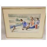 Vintage Jude Spencer Watercolor Family On Lake
