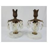 Mid-Century Brass and Crystal Candle Holders