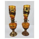 Vintage Amber Glass Oil Lamp Pair