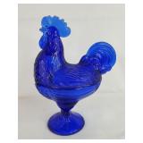 Glass Rooster on Nest Hen on Nest Blue