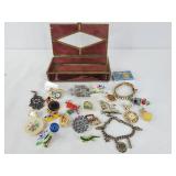 Costume Jewelry and Pins in Jewelry Box