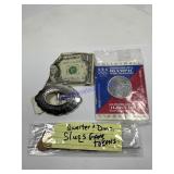 Assorted coins, tokens, belt buckle $1.00 bill