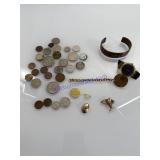 Assorted coins, jewelry, silver copper swatch