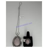 Rose quartz necklace size 7, ring, German silver