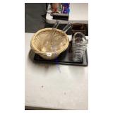 Two cookie baking tins, and vase basket