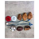 Assorted Sports Equipment: Gloves, Balls, Jump Rope, and Flying Discs