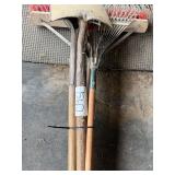 Lot of Two Shovels, Push Broom, and Leaf Rake