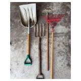 Lot of Garden Tools Including Shovel, Rake and Fork