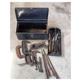 Assorted Tools Including Clamps, Files, Drill Bits, and Metal Tool Boxes