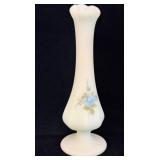 Fenton Blue Satin Handpainted Swung Bud Vase 7.5'