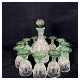 Vintage Avon Emerald Accent Decanter Set w/ 12 >