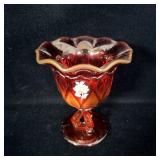 Ruby Red Amberina Handpainted Signed Compote